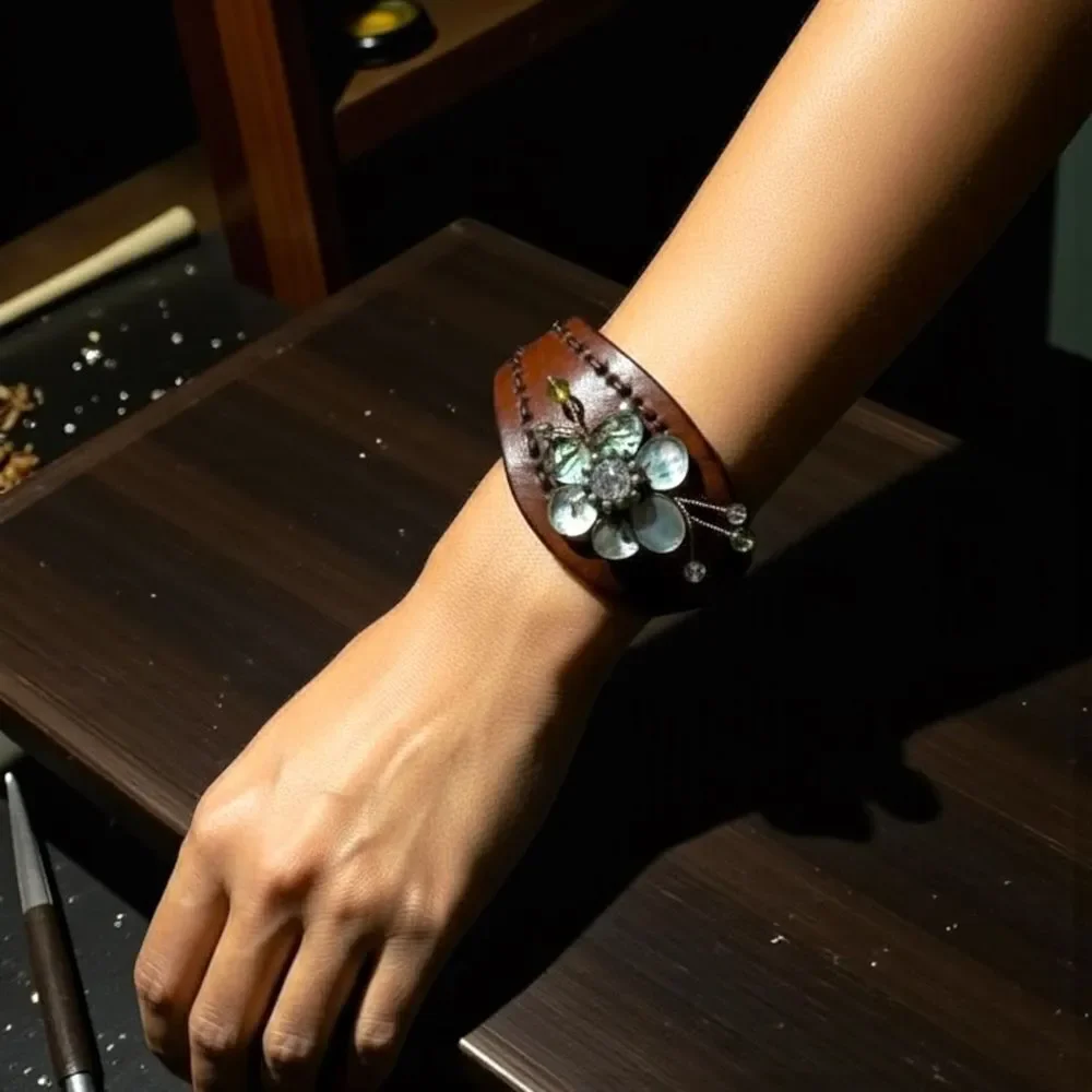 Brown Leather Mother Pearl Floral Cuff Bracelet